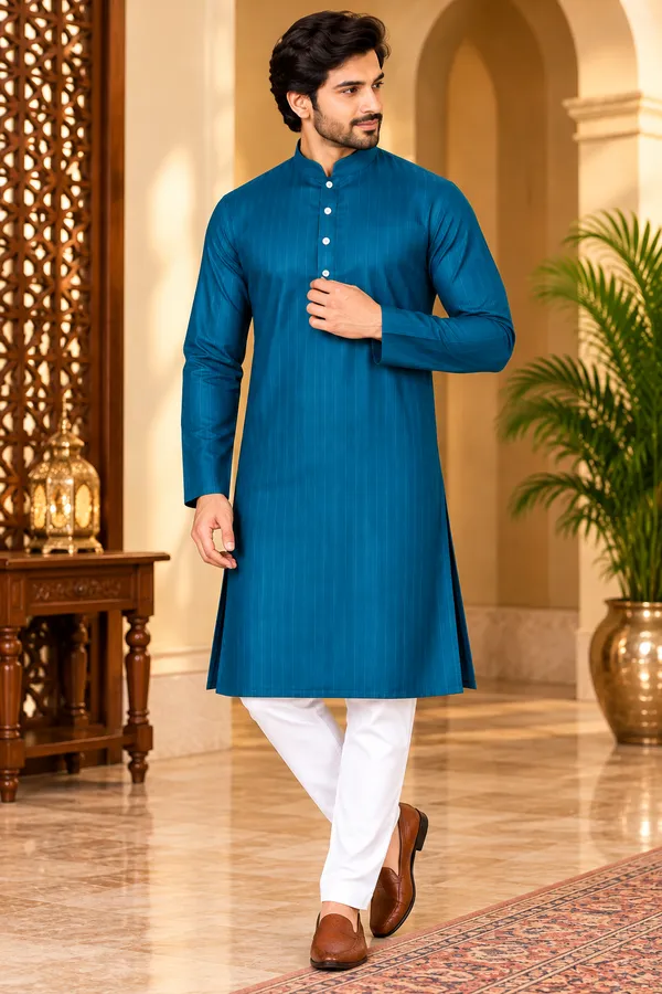 Men's_Solid_Cotton_Blue_Kurta