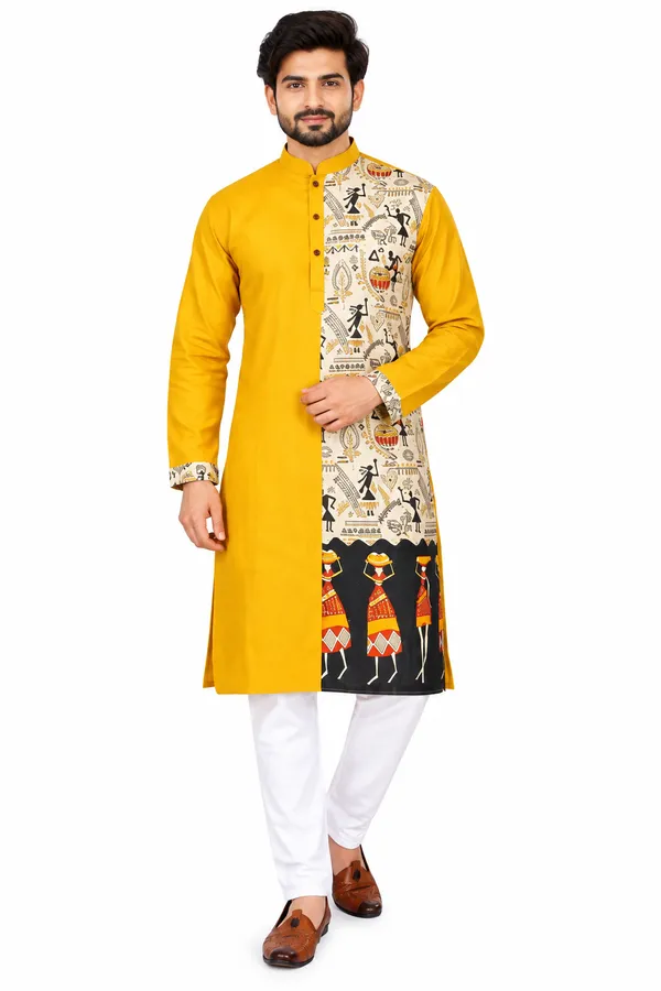 Bengal_Creations_Men's_Mustard_Yellow_Printed_Traditional_Kurta_Punjabi