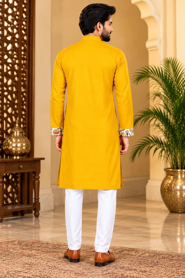 Bengal_Creations_Men's_Mustard_Yellow_Printed_Traditional_Kurta_Punjabi