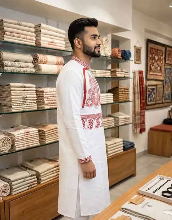 Bengal_Creations_Men's_White_Kurta_with_Red_Durga_Print