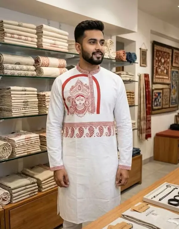Bengal_Creations_Men's_White_Kurta_with_Red_Durga_Print
