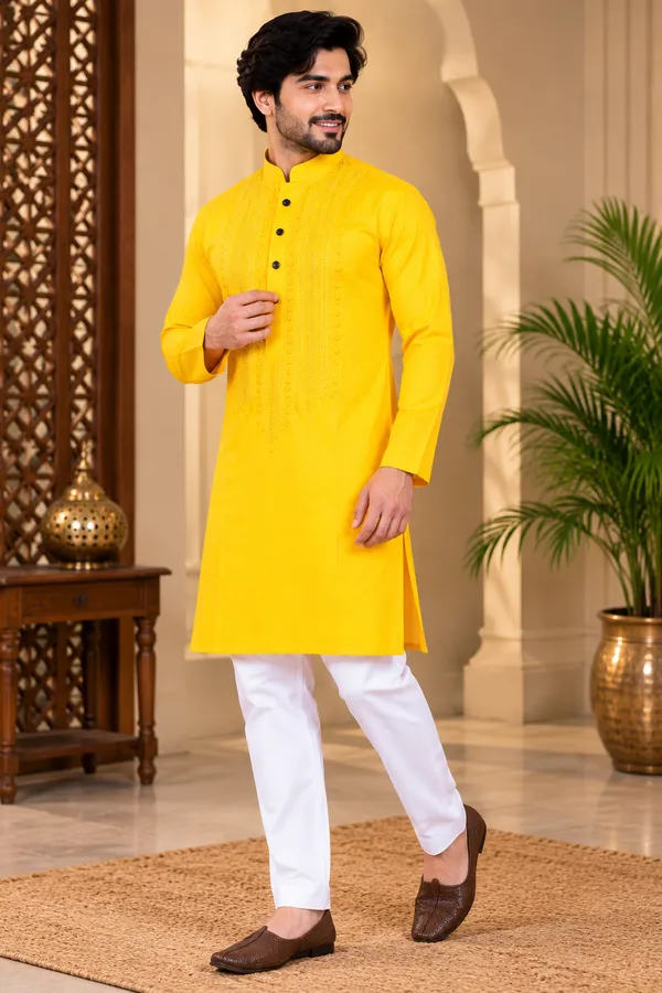 Bengal_Creations_Men's_Yellow_Embroidered_Traditional_Kurta_Punjabi