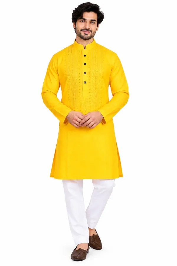 Bengal_Creations_Men's_Yellow_Embroidered_Traditional_Kurta_Punjabi