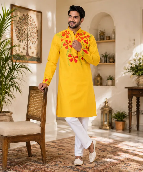 Yellow_Cotton_Kurta_For_Men