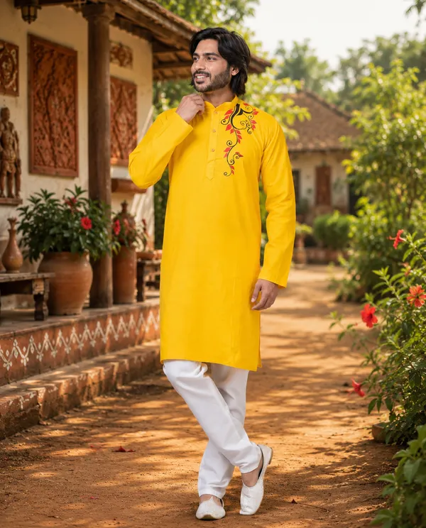 Yellow_Cotton_Kurta_For_Men