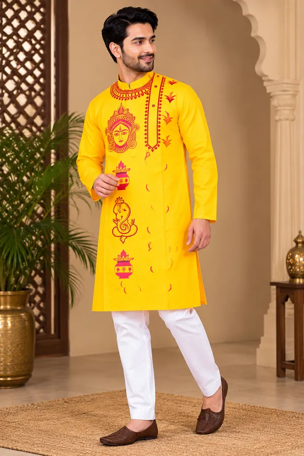 Men’s_Yellow_Printed_Traditional_Kurta_Punjabi_with_Full_Sleeves