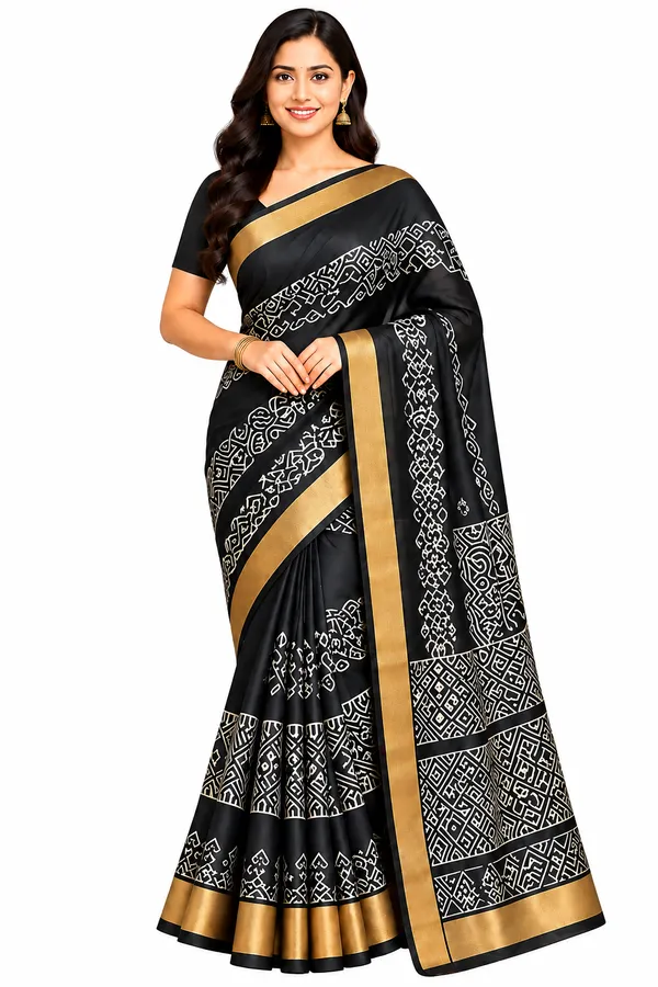 Semi_Chanderi_Silk_Saree_for_Women_–_Black_with_Gold_Border,_Traditional_Motifs_&_Designer_Pallu