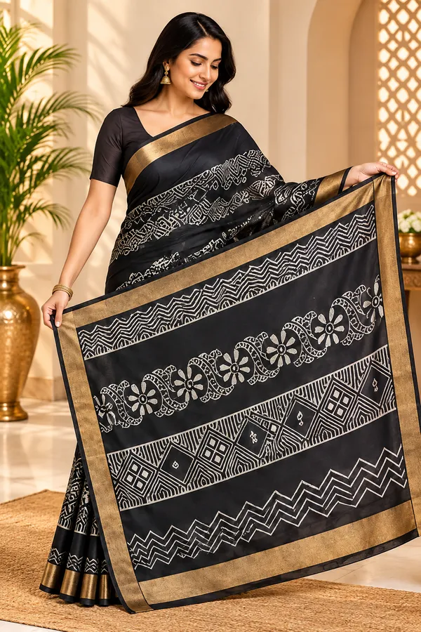 Semi_Chanderi_Silk_Saree_for_Women_–_Black_with_Gold_Border,_Traditional_Motifs_&_Designer_Pallu