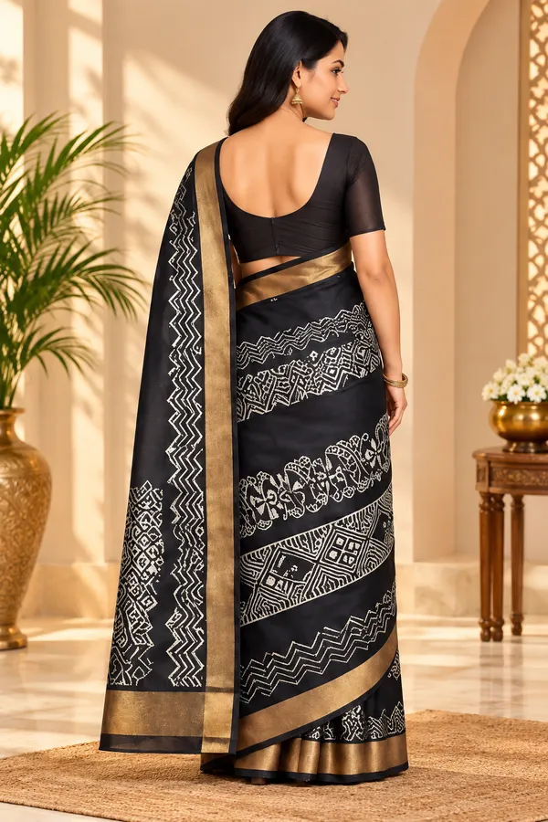 Semi_Chanderi_Silk_Saree_for_Women_–_Black_with_Gold_Border,_Traditional_Motifs_&_Designer_Pallu