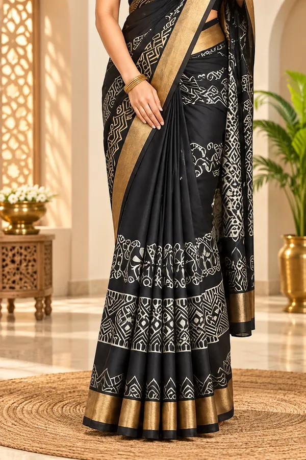 Semi_Chanderi_Silk_Saree_for_Women_–_Black_with_Gold_Border,_Traditional_Motifs_&_Designer_Pallu