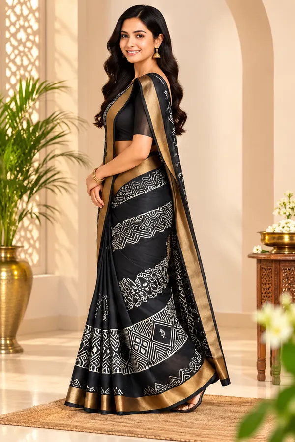 Semi_Chanderi_Silk_Saree_for_Women_–_Black_with_Gold_Border,_Traditional_Motifs_&_Designer_Pallu