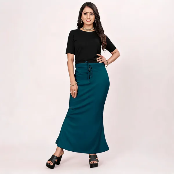 Teal_Lycra_Cotton_Drawstring_Maxi_Skirt_For_Women