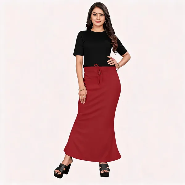 Maroon_Lycra_Cotton_Drawstring_Flared_Maxi_Skirt_For_Women