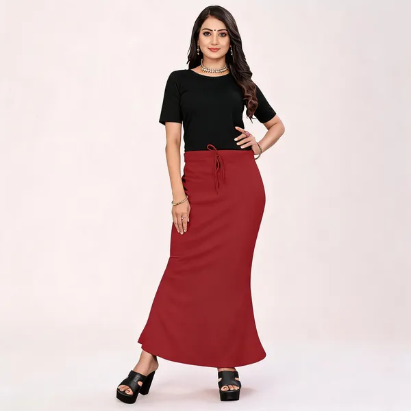 Maroon_Lycra_Cotton_Drawstring_Flared_Maxi_Skirt_For_Women