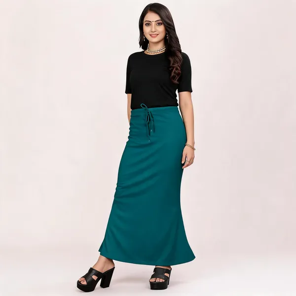 Teal_Lycra_Cotton_Drawstring_Flared_Maxi_Skirt_For_Women