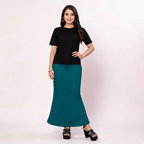 Teal_Lycra_Cotton_Drawstring_Flared_Maxi_Skirt_For_Women