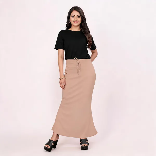 Beige_Lycra_Cotton_Drawstring_Maxi_Skirt_For_Women