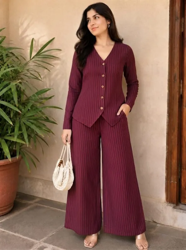 Maroon_Pinstripe_Button_Front_Co-Ord_Set_For_Women