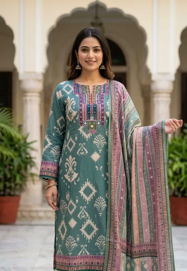 Green_Printed_Unstitched_Suit_Set_For_Women