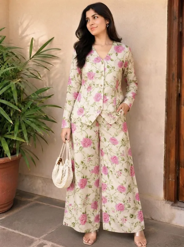 Cream_Floral_Print_Blazer_Co-Ord_Set_For_Women