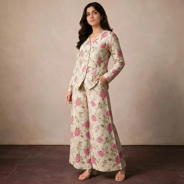 Cream_Floral_Print_Blazer_Co-Ord_Set_For_Women