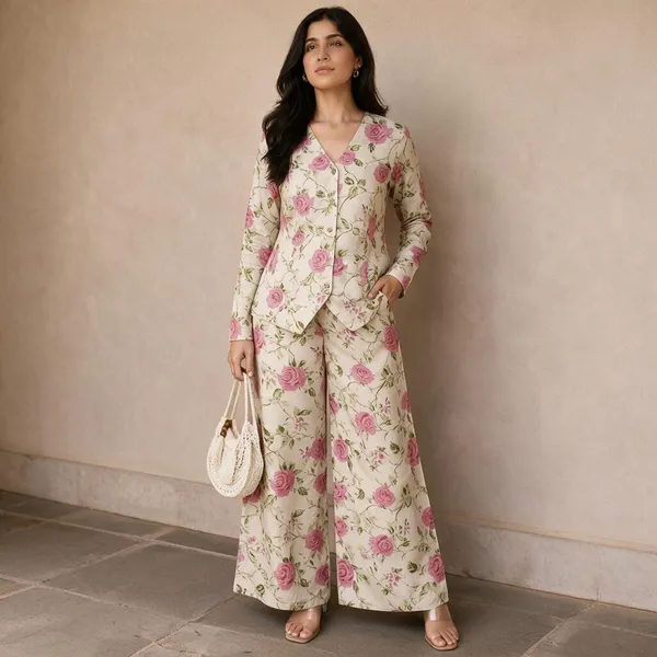 Cream_Floral_Print_Blazer_Co-Ord_Set_For_Women
