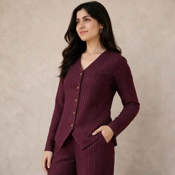 Maroon_Pinstripe_Button_Front_Co-Ord_Set_For_Women