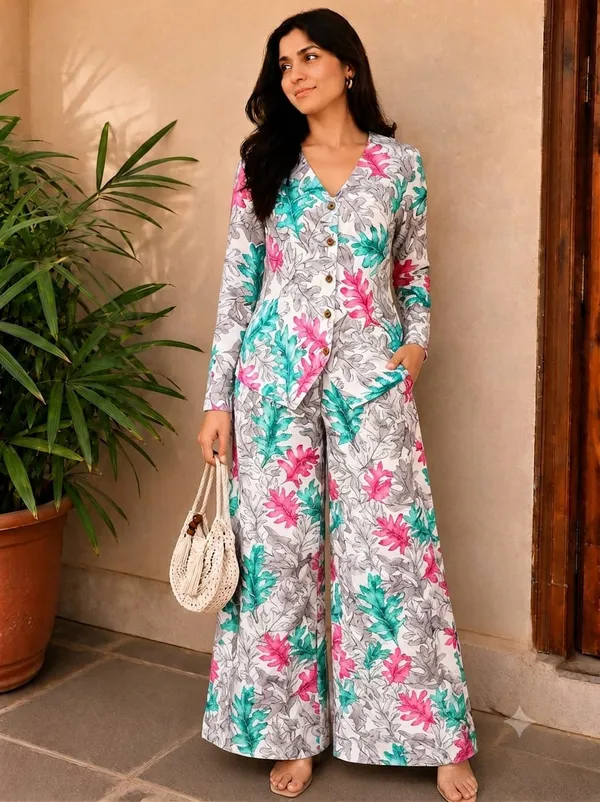 White_Floral_Print_Wide_Leg_Co-Ord_Set_For_Women
