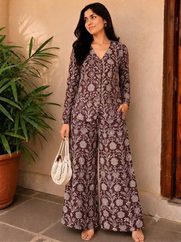 Brown_Floral_Print_Wide_Leg_Co_-_Ord_Set_For_Women