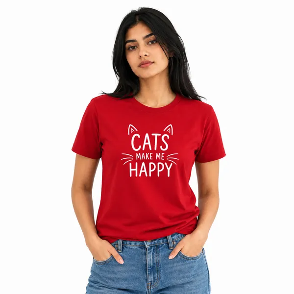 Cat_Lovers_Round_Neck_T-Shirts_For_Women_-_Happy_Cats_-_(170_Gsm)_Single_Jersey