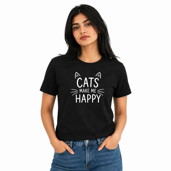 Cat_Lovers_Round_Neck_T-Shirts_For_Women_-_Happy_Cats_-_(170_Gsm)_Single_Jersey
