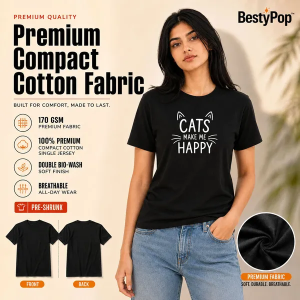 Cat_Lovers_Round_Neck_T-Shirts_For_Women_-_Happy_Cats_-_(170_Gsm)_Single_Jersey