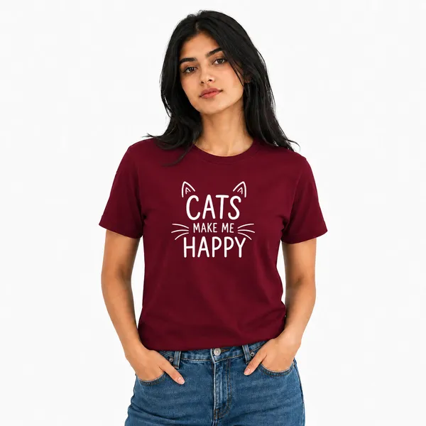 Cat_Lovers_Round_Neck_T-Shirts_For_Women_-_Happy_Cats_-_(170_Gsm)_Single_Jersey