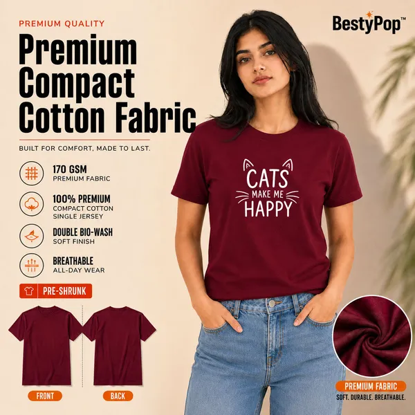 Cat_Lovers_Round_Neck_T-Shirts_For_Women_-_Happy_Cats_-_(170_Gsm)_Single_Jersey
