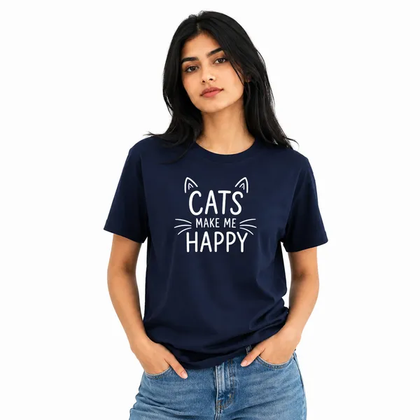 Cat_Lovers_Round_Neck_T-Shirts_For_Women_-_Happy_Cats_-_(170_Gsm)_Single_Jersey