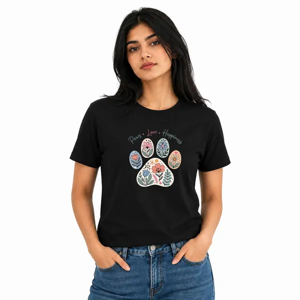 Dog_Lovers_Round_Neck_T-Shirts_For_Women_-_Paws_Love_Happiness_-_(170_Gsm)_Single_Jersey