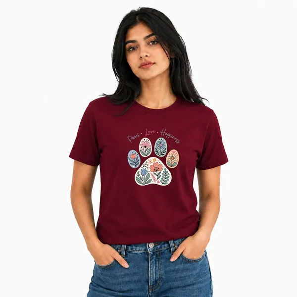 Dog_Lovers_Round_Neck_T-Shirts_For_Women_-_Paws_Love_Happiness_-_(170_Gsm)_Single_Jersey