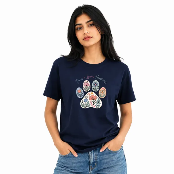 Dog_Lovers_Round_Neck_T-Shirts_For_Women_-_Paws_Love_Happiness_-_(170_Gsm)_Single_Jersey