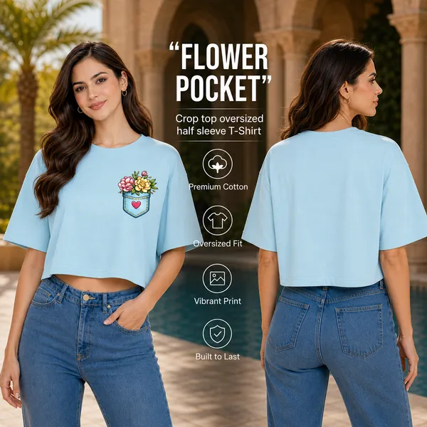 Womens_Oversized_Half_Sleeve_Crop_Top_-_Flower_Pocket_(220_Gsm_Interlock_Fabric)