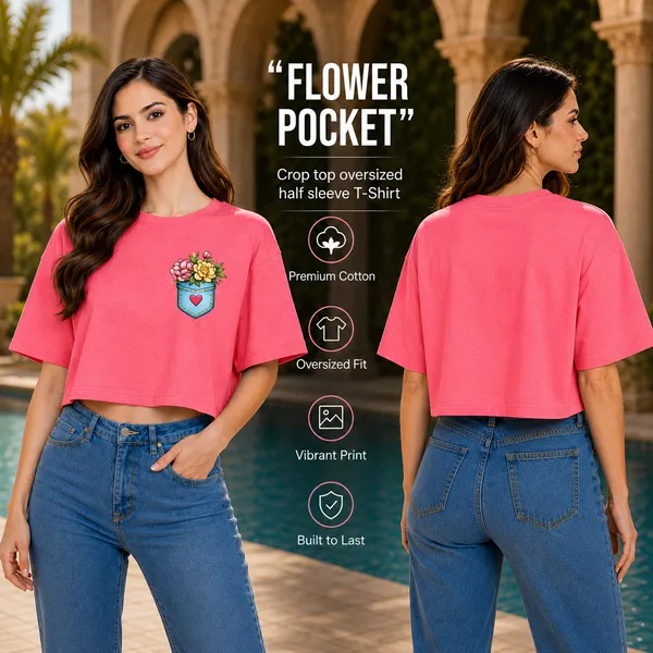 Womens_Oversized_Half_Sleeve_Crop_Top_-_Flower_Pocket_(220_Gsm_Interlock_Fabric)