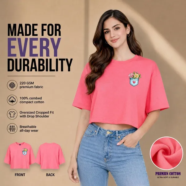 Womens_Oversized_Half_Sleeve_Crop_Top_-_Flower_Pocket_(220_Gsm_Interlock_Fabric)