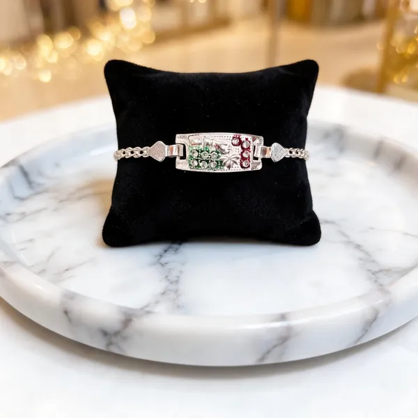 Silver_Floral_Green_Red_Stone_Embellished_Bracelet_For_Women