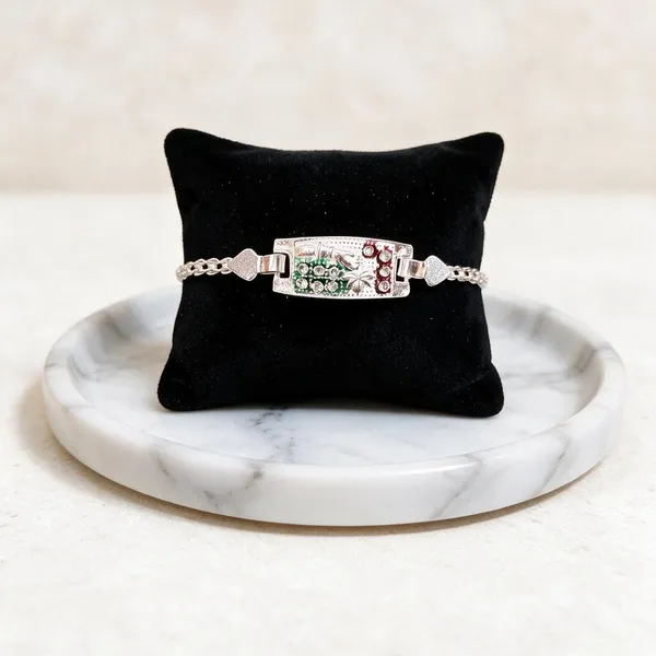 Silver_Floral_Green_Red_Stone_Embellished_Bracelet_For_Women