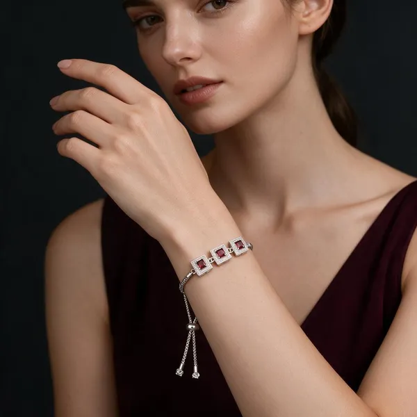 Silver_Red_Stone_Square_Link_Chain_Bracelet_For_Women