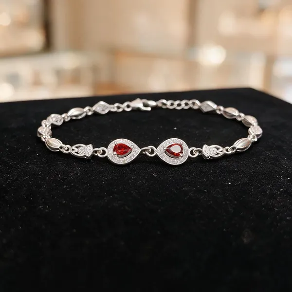 Silver_Red_Teardrop_Stone_Link_Bracelet_For_Women