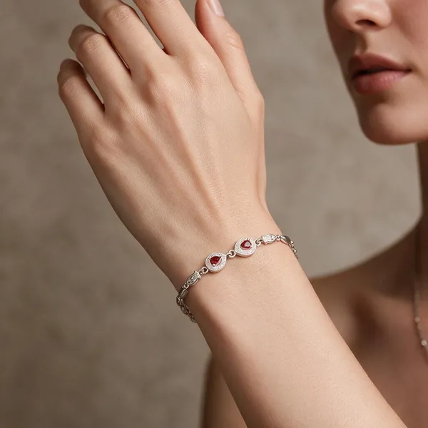 Silver_Red_Teardrop_Stone_Link_Bracelet_For_Women