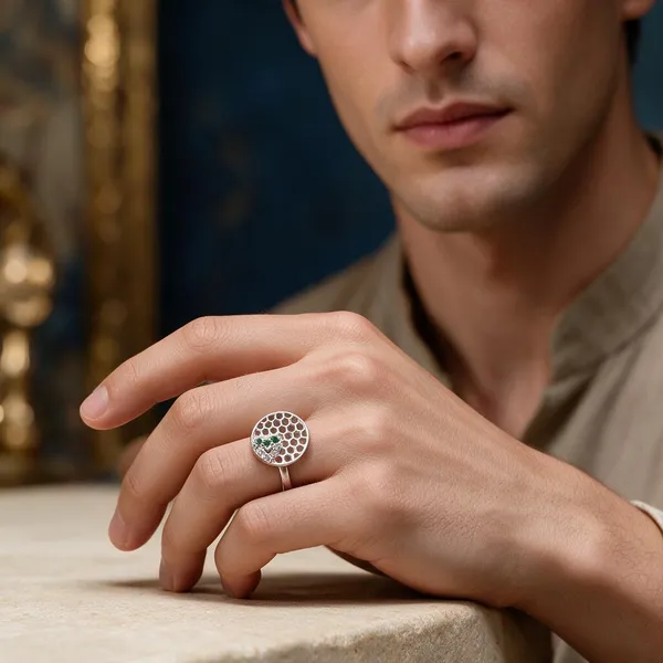 Silver_Honeycomb_Pattern_Statement_Ring_For_Unisex
