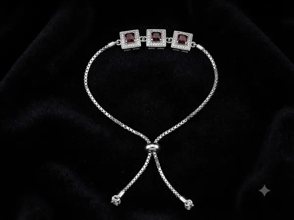 Silver_Tone_Red_Stone_Square_Link_Chain_Bracelet_For_Women