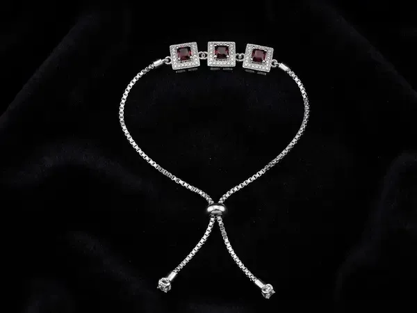 Silver_Red_Stone_Square_Link_Chain_Bracelet_For_Women