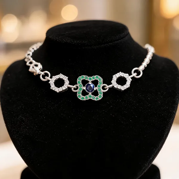 Silver_Green_Blue_Stone_Geometric_Link_Bracelet_For_Women